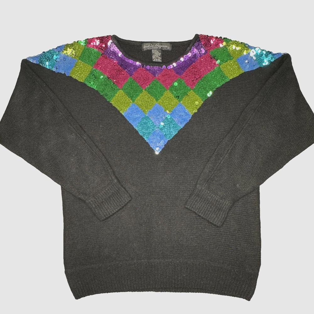 Vtg Work in Progress Sweater Womens Large Black Sequin‎ Argyle Silk Angora 80s